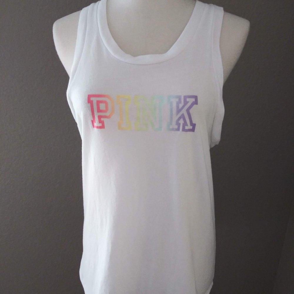 Victoria's Secret PINK Rainbow White Muscle Tank Shirt Open Racer Back Tee XS